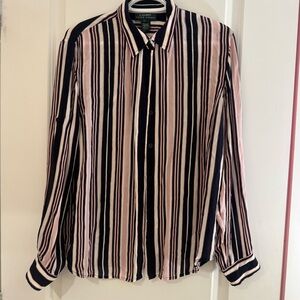 Ralph Lauren Silk Striped Pink and Navy Button-Up Shirt